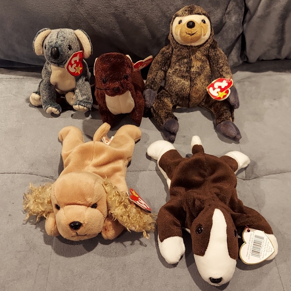 TY TOYS RETIRED BEANIE BABY BUNDLE OF 5 BRUNO SPUNKY SLOWPOKE EUCALYPTUS RUNNER